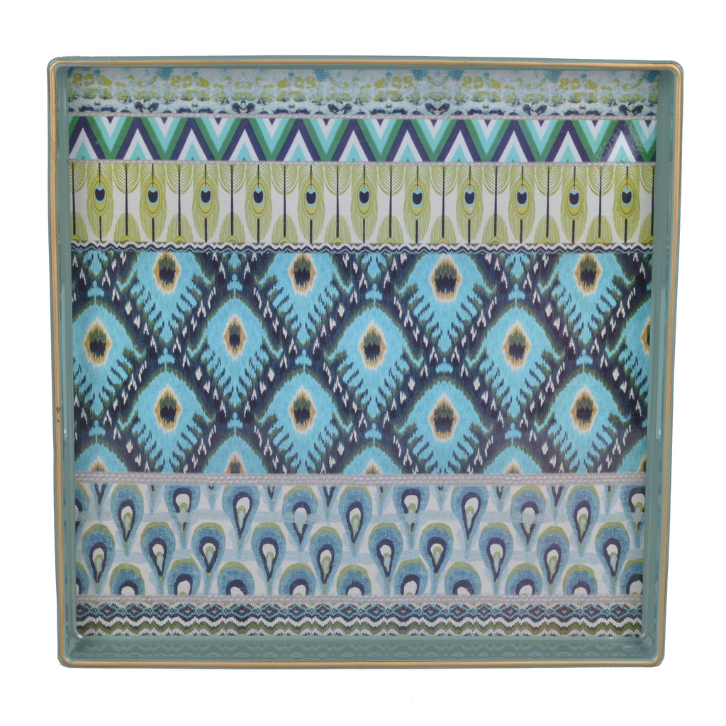 Kwadratowa taca LAKA 35x35 cm – niebieska z motywem pawich piór