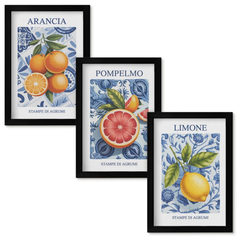 Obrazy do Salonu Wallfluent Owocowe cytrusy vintage ilustracje Czarna rama 20x30cm 3 szt.