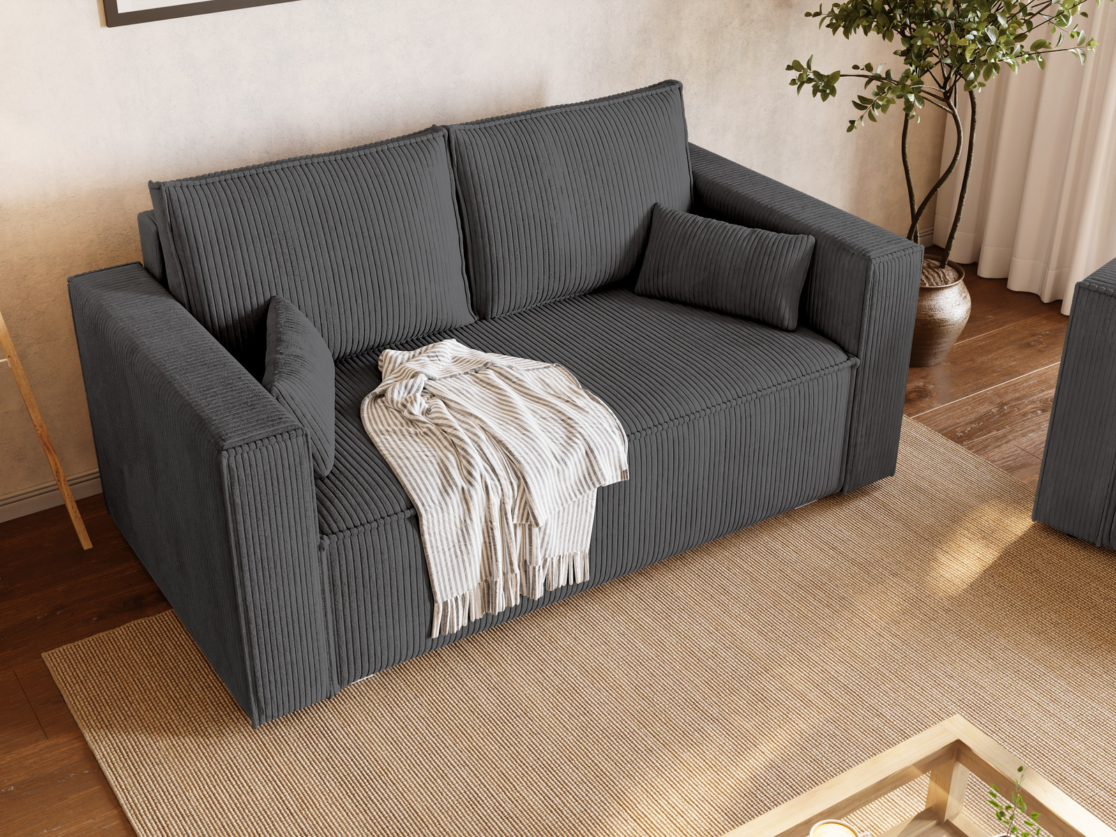 Sztruksowa szara sofa do salonu z pojemnikiem na pościel TOP