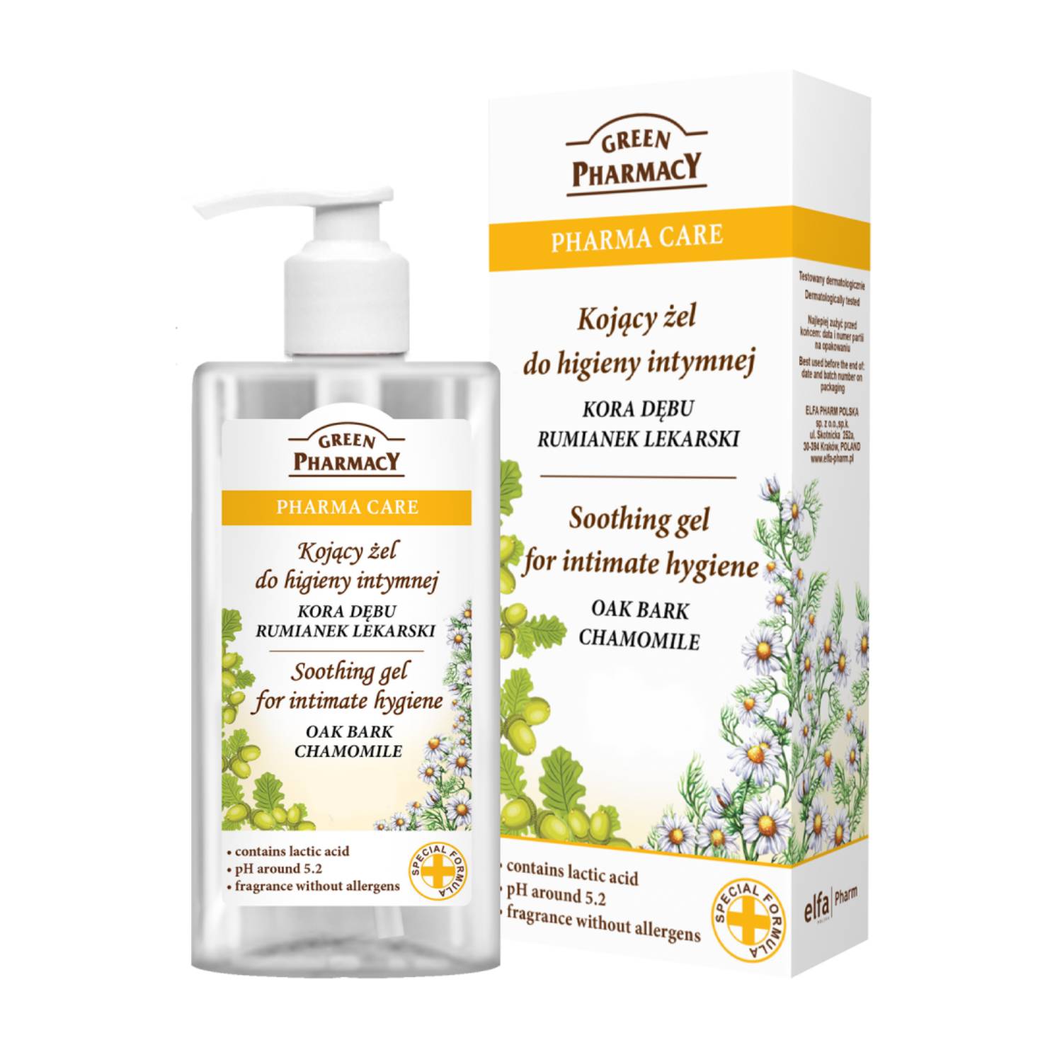 Green pharmacy - pharma care, kojący żel do higieny intymnej, kora dębu i rumianek lekarski, 300 ml