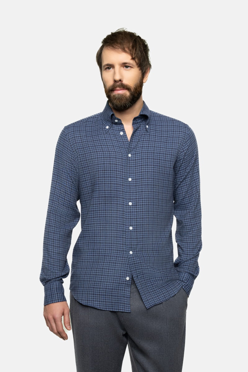 Niebieska koszula button down w kratkę Vichy, bawełniano-kaszmirowa