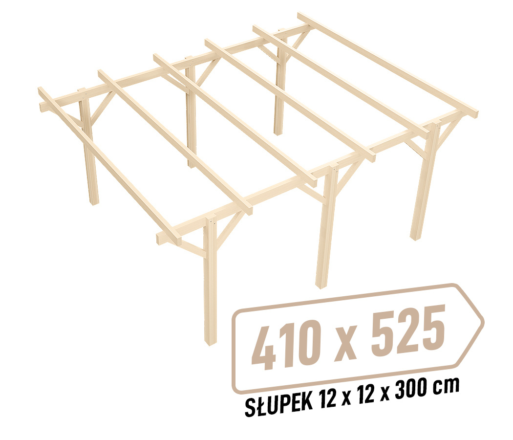Wiata KVH Sucha Premium - 410 x 525 cm - słupki 12x12x300 cm garażowa wolnostojąca - zastrzał prosty