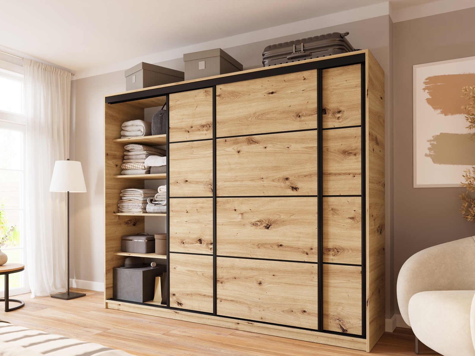 Szafa pojemna z półkami i drążkami 250 cm dąb artisan LARGO