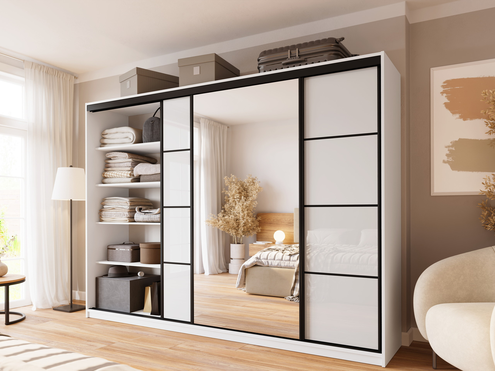 Szafa 3-drzwiowa biały połysk z lustrem do sypialni 280 cm LARGO