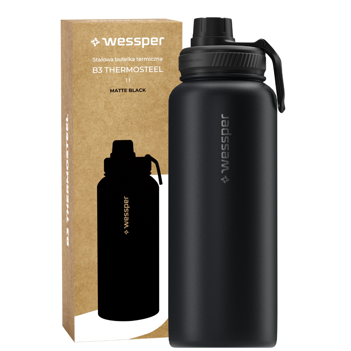 Bidon termiczny Wessper ActiveMax Steeline 1000 ml w kolorze czarnym.