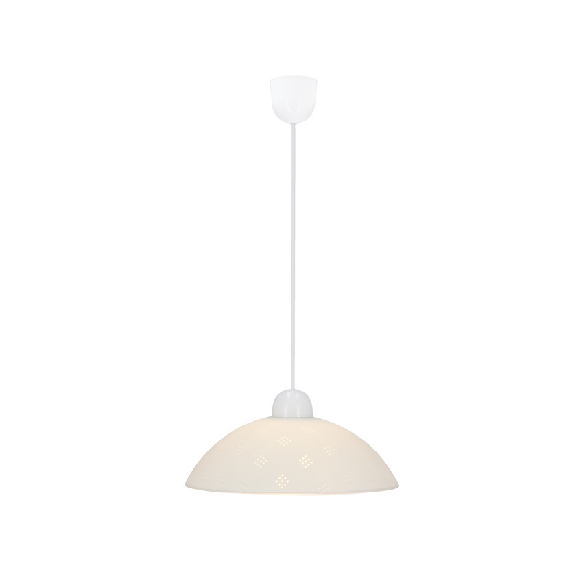 Biała lampa wisząca 1-płomienna do salonu FANUSA klosz z wzorem