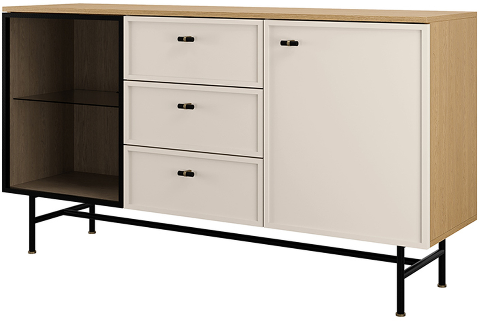 Komoda 150 cm z witryną i szufladami do salonu na nóżkach EVORIA