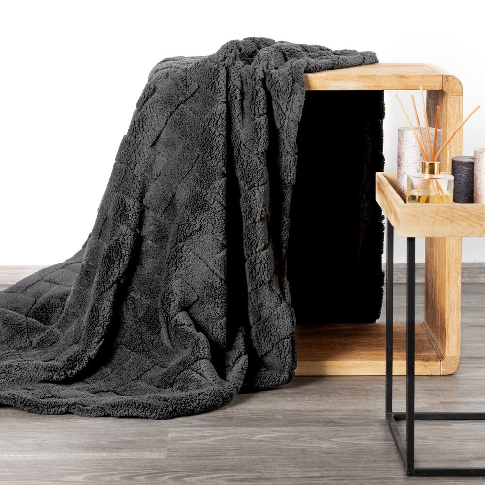 Koc flano 170x210 cm stalowy CAROS miękki i miły w dotyku z jodełką