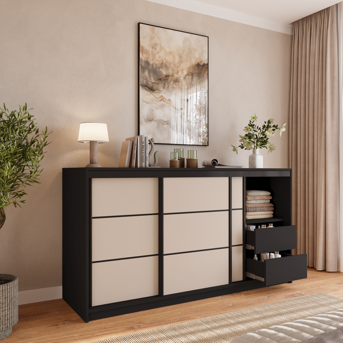 Trzydrzwiowa komoda przesuwna z szufladami 180 cm LOFT