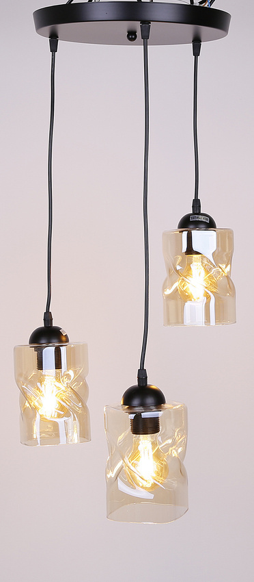 Czarna lampa wisząca industrialna do salonu FELIS szkło bursztynowe