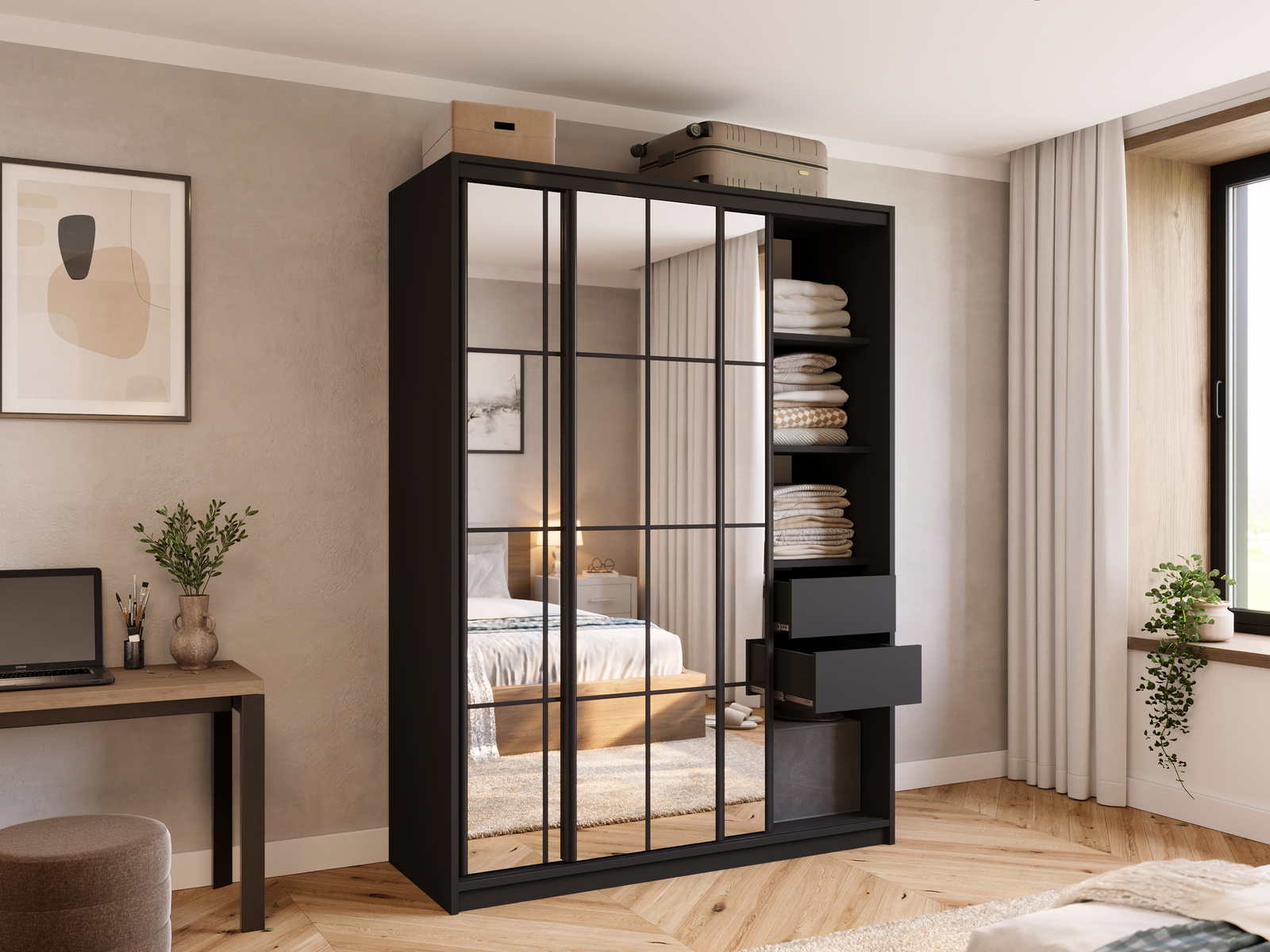 Nowoczesna szafa przesuwna 150 cm z lustrem i drążkami OPTICA