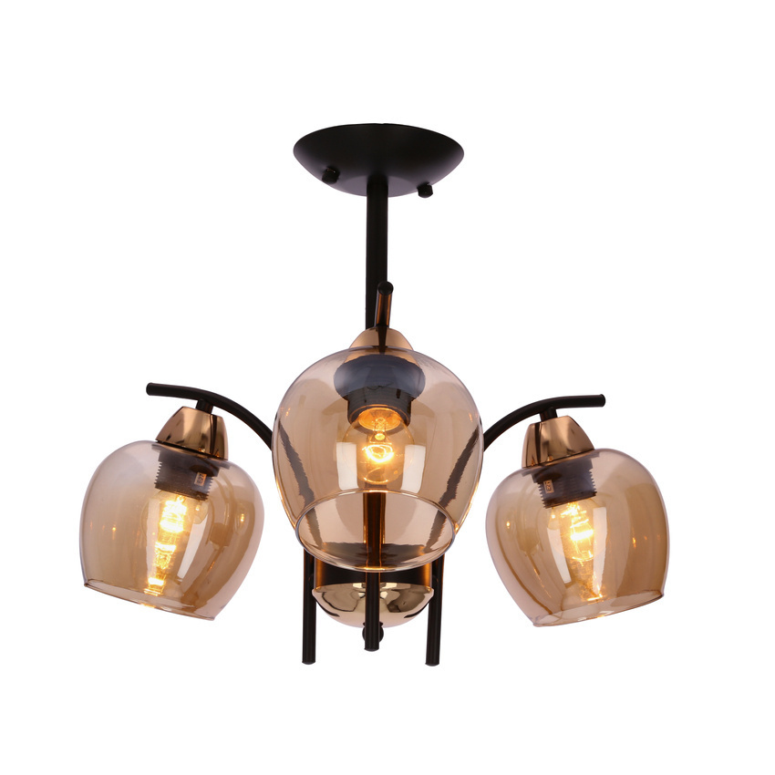 Czarna lampa wisząca 3-płomienna do salonu MERRA szkło bursztyn