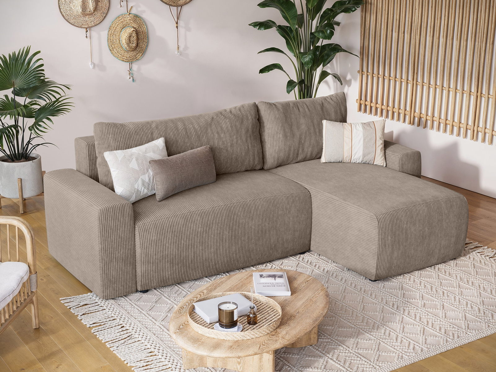 Sztruksowa rogówka z funkcją spania i pojemnikiem PLUSH L beż