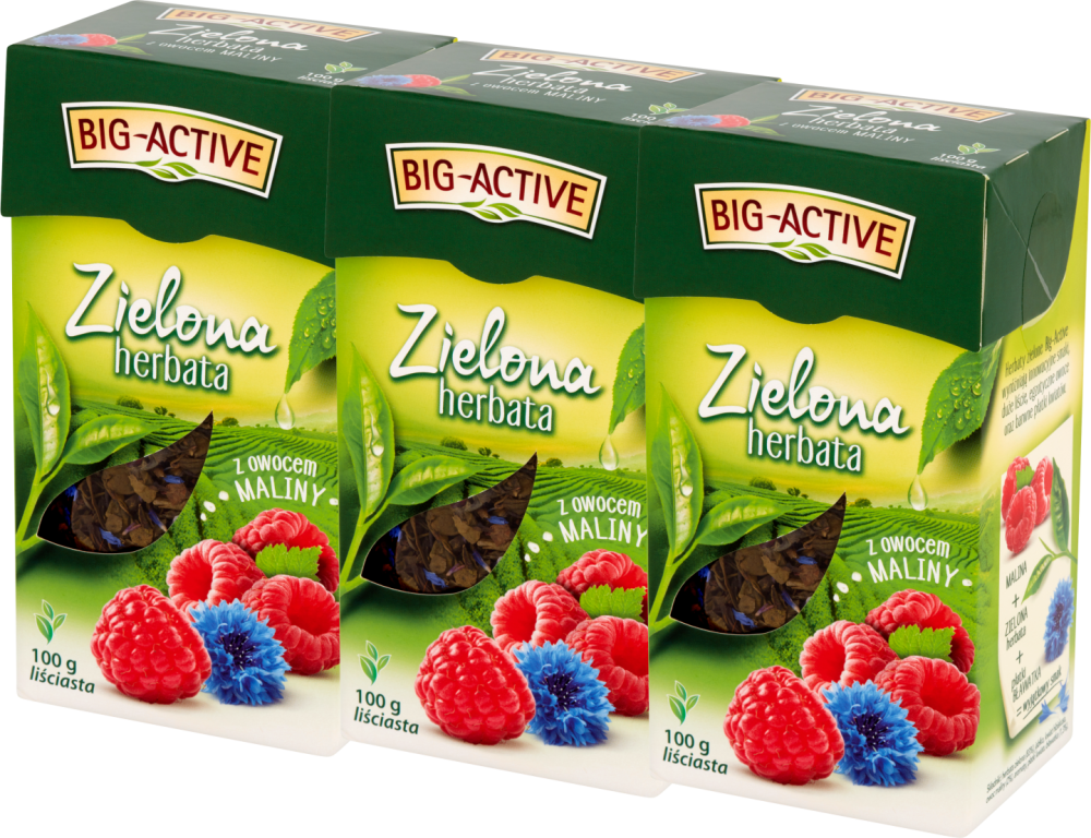 3x Herbata zielona smakowa liściasta Big-Active, z owocem maliny, 100g