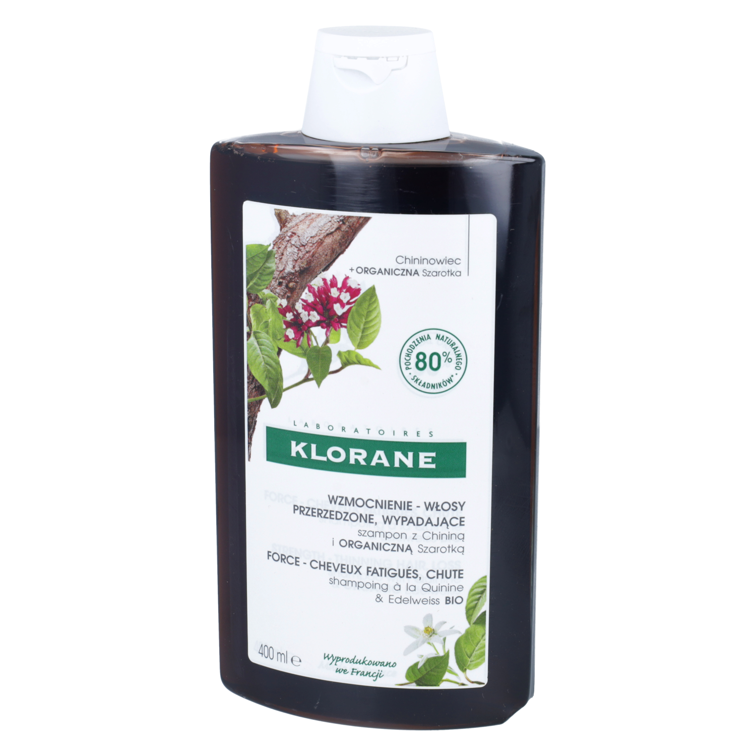 Klorane - szampon z chininą i organiczną szarotką, do włosów wypadających, 400 ml