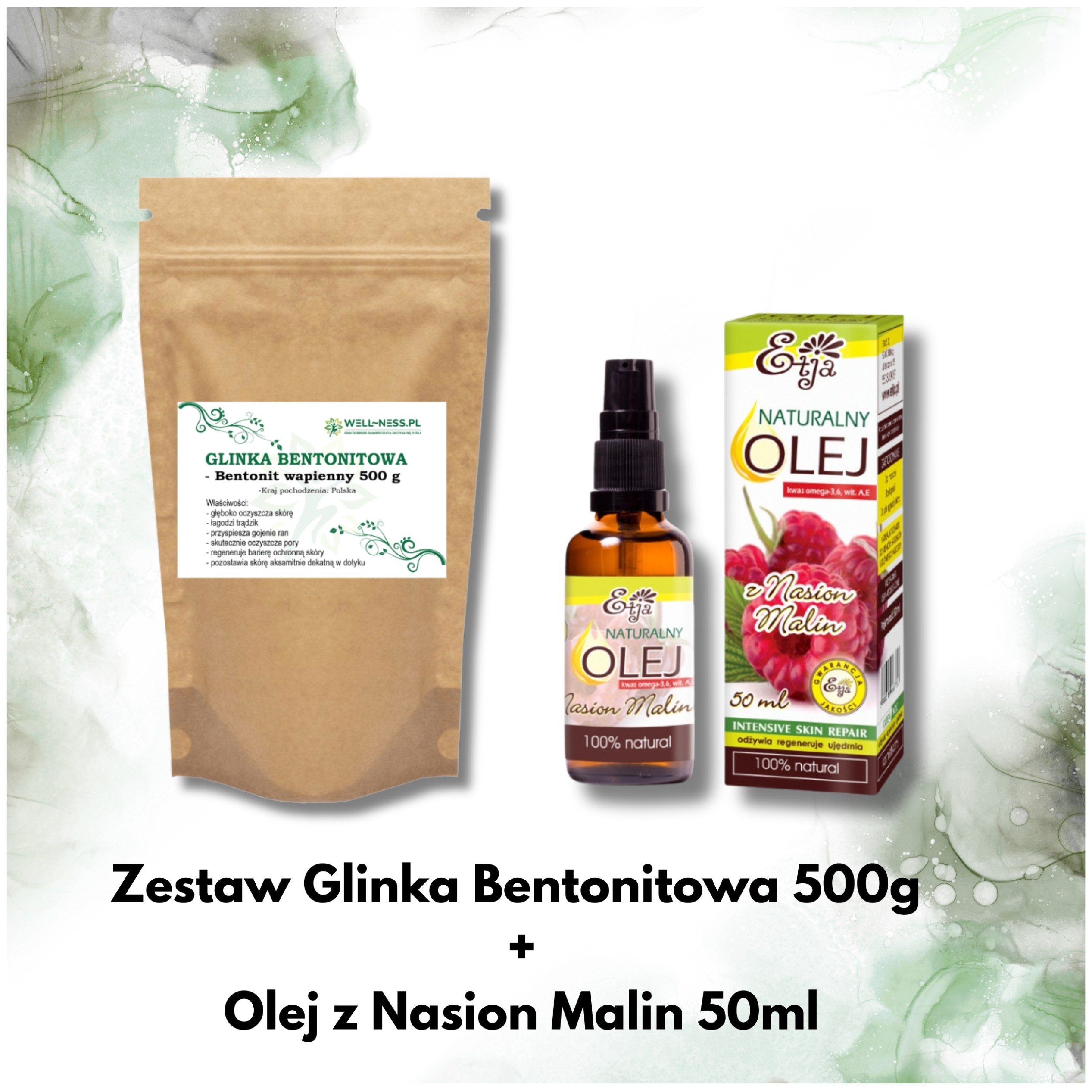 Zestaw glinka bentonitowa - bentonit wapienny 500g + olej z nasion malin 50 ml