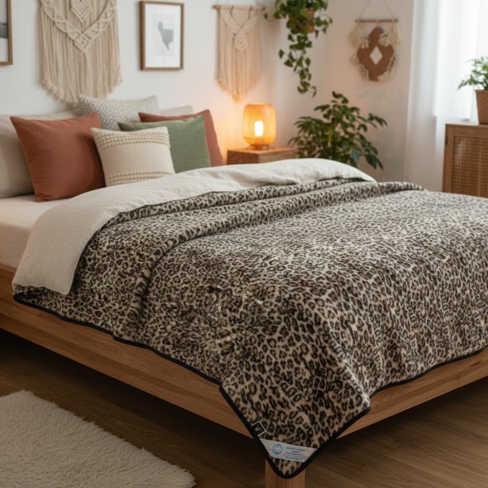 koc wełniany merynos australijski lampart Woolmark 200x240