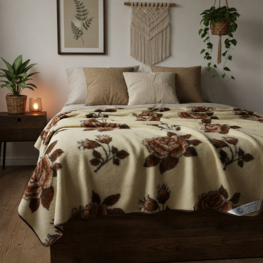 koc wełniany merynos australijski brązowe róże Woolmark 200x220
