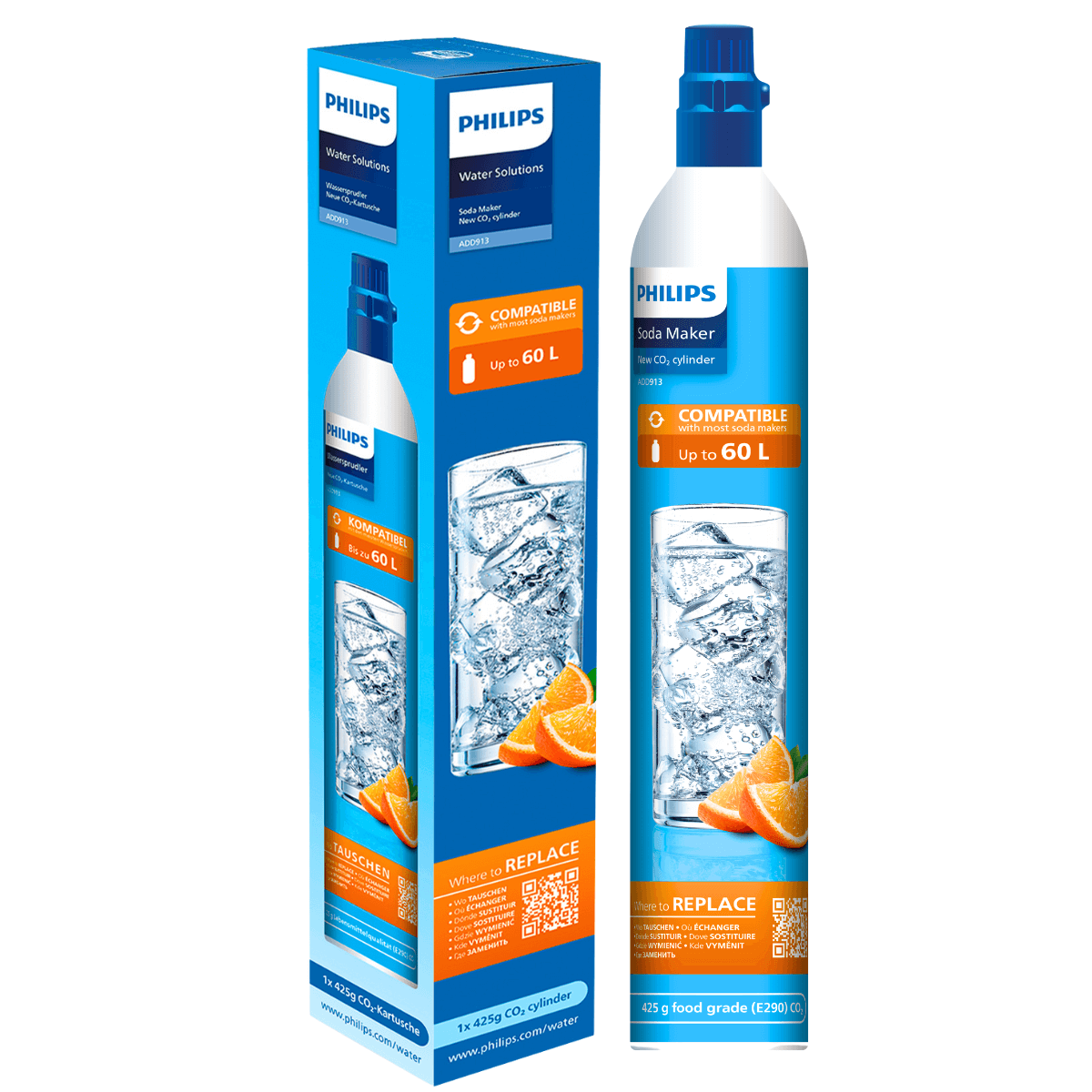 Nabój CO2 Philips ADD913/10. Kompletny, nowy cylinder (butla) z gazem do saturatorów Brita, Philips, GASUP, SodaStream, Aarke.