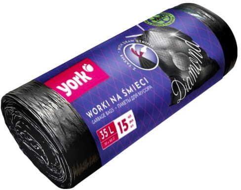 Worki na śmieci York Diamond, z taśmą, na odpady zmieszane, 35l, 15 sztuk, czarny