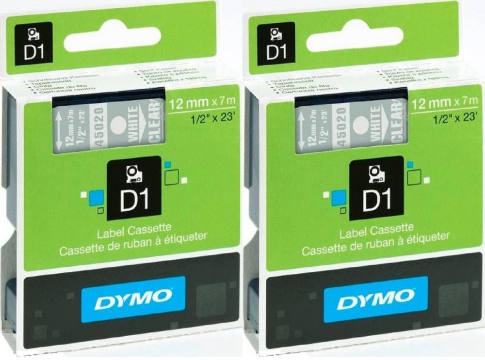 2x Taśma Dymo D1, 12mm x 7m, nadruk biały, taśma-przezroczysta