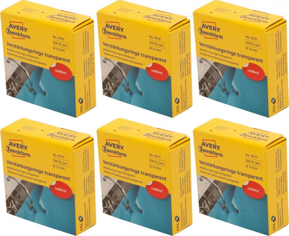 6x Pierścienie wzmacniające Avery Zweckform, 13mm, 500 sztuk, przezroczysty