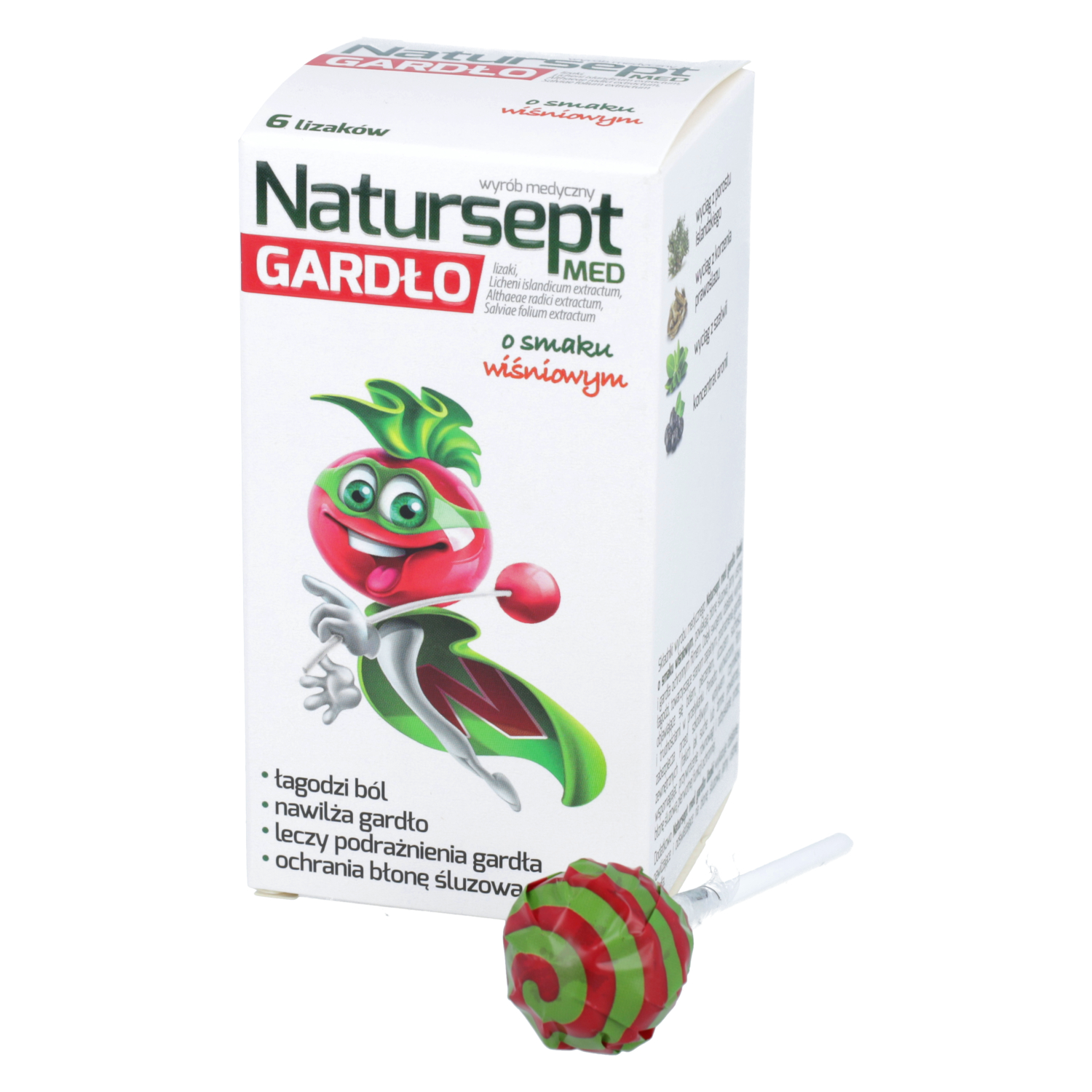 Natursept med gardło - lizaki o smaku wiśniowym, 6 sztuk (data ważności: 30.11.2026)