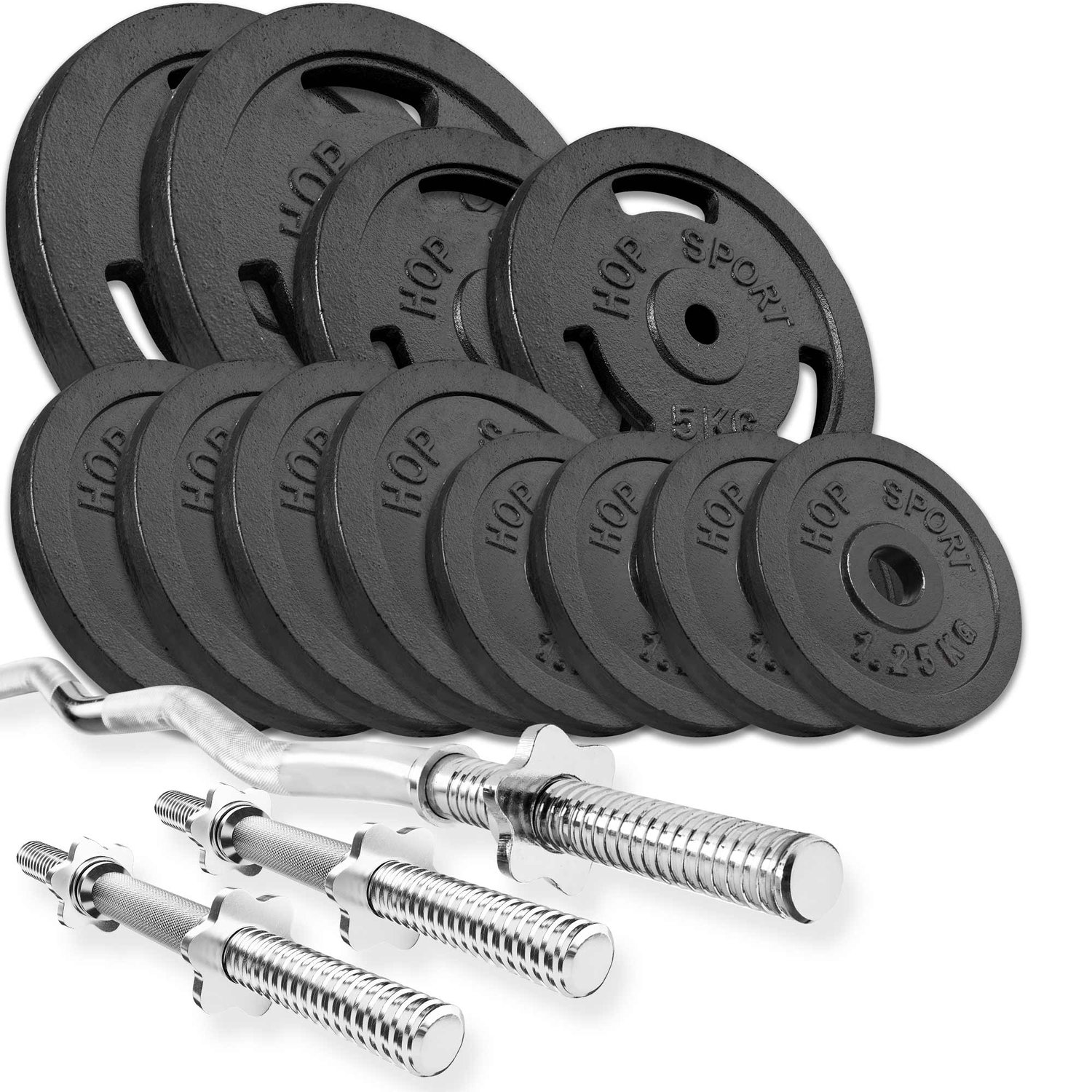 Set d’haltères en fonte 57 kg avec barre Curl SZ et barres courtes