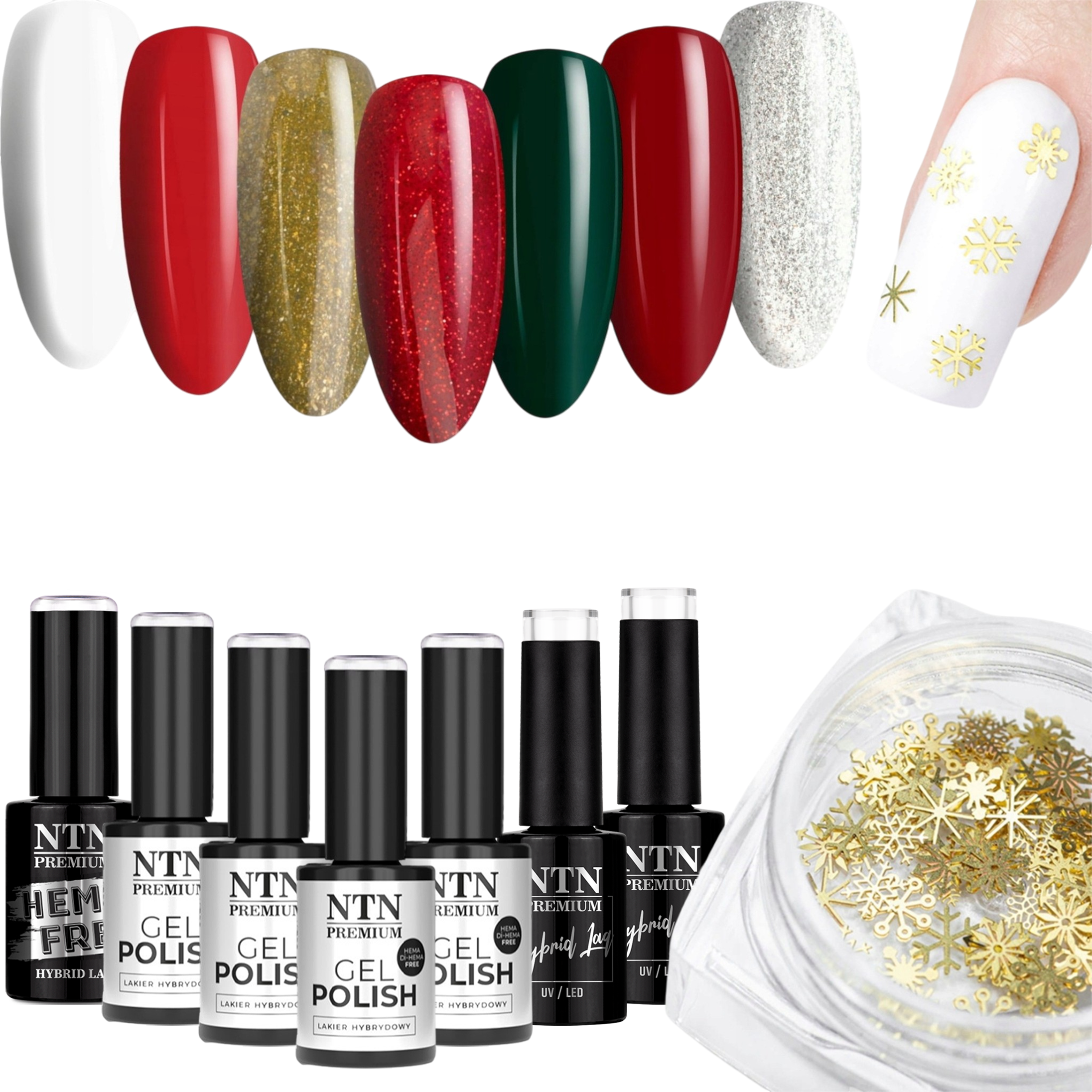 7x Lakier Hybrydowy NTN 5g Christmas Świąteczny ZESTAW 7w1 + Śnieżynki Snowflakes