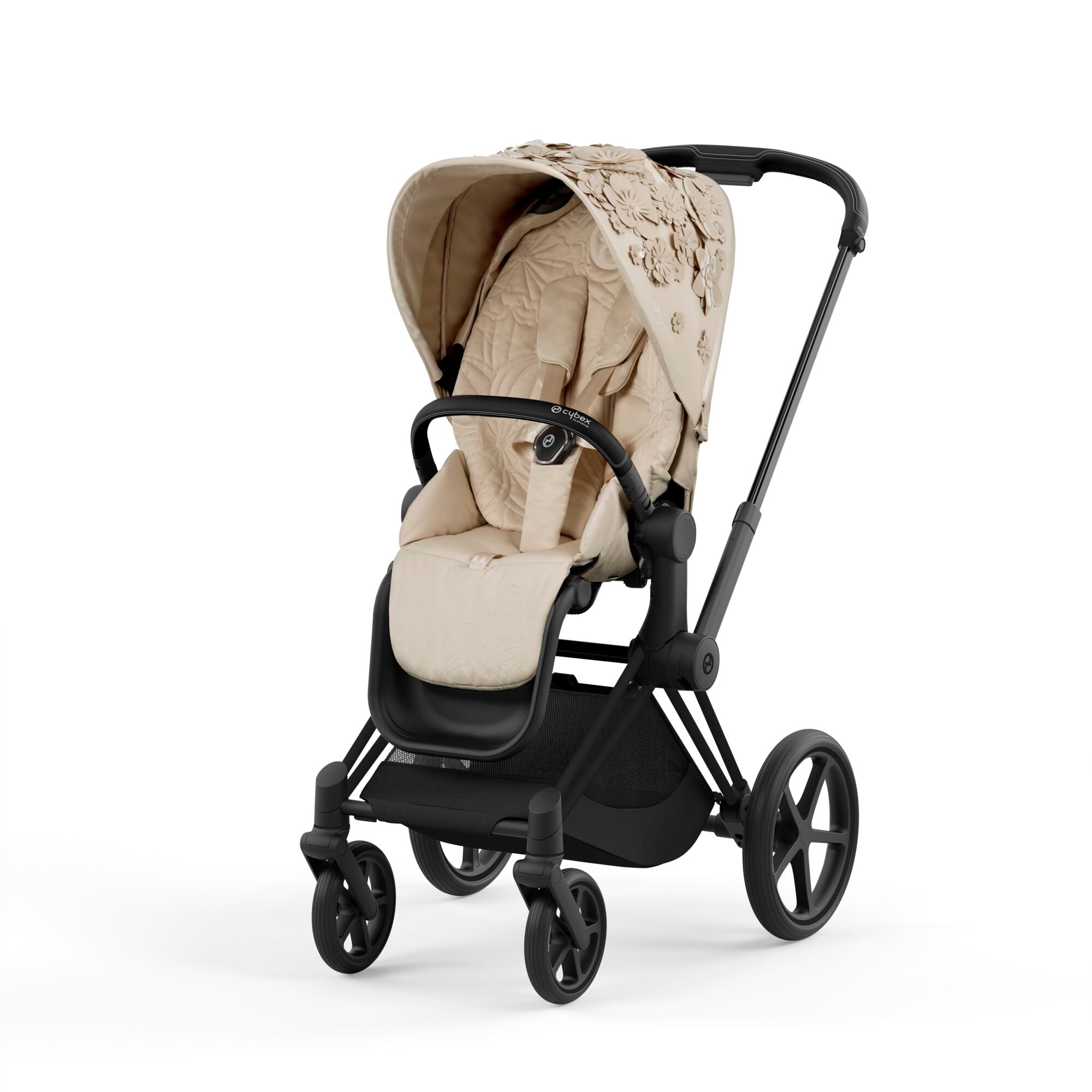Cybex Priam 4.0 Fashion Collection - wózek spacerowy -Simply Flowers Nude Beige-Chrome z brązową rączką