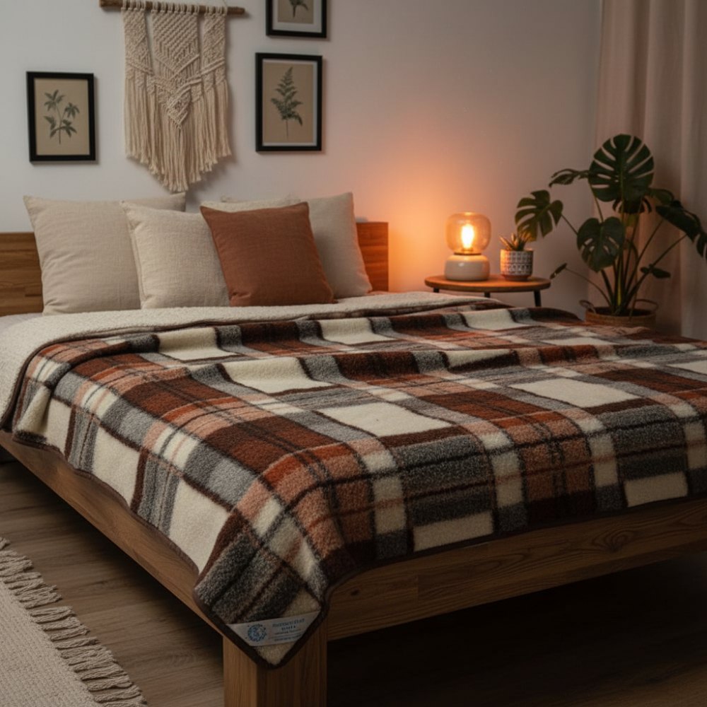 koc wełniany merynos australijski krata z czerwonym Woolmark 200x200