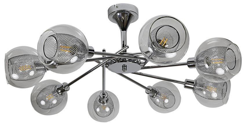 Srebrna lampa sufitowa wisząca 8xE14 do salonu OZZO metal szkło