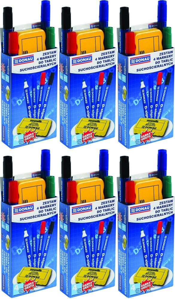 6x Marker suchościeralny Donau D-Signer B, okrągła, 4 sztuki + gąbka, mix kolorów