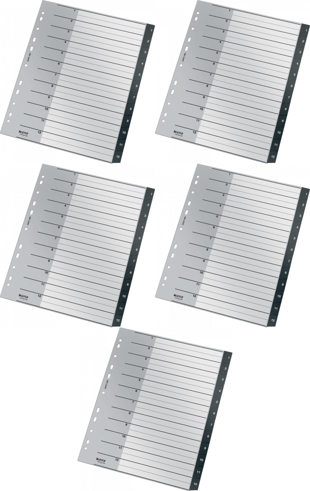 5x Przekładki do segregatora Leitz Recycle, plastikowe, numeryczne, A4 maxi, 1 - 12 kart