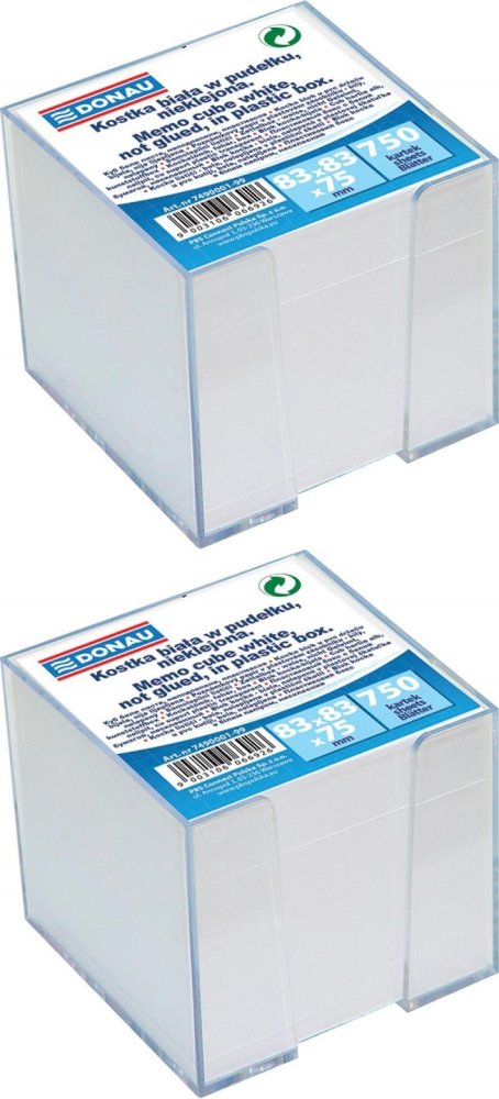 2x Karteczki do notatek w pojemniku Donau, nieklejone, 83x83x75mm, 750 kartek, biały