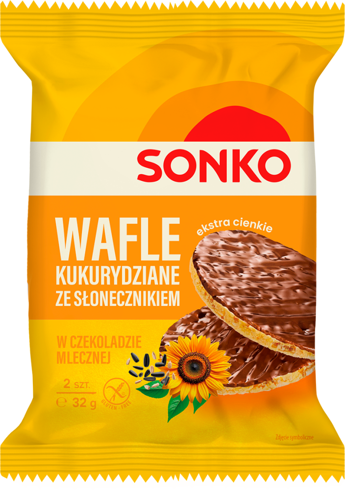 Wafle kukurydziane Sonko ze słonecznikiem, w czekoladzie mlecznej, 32g