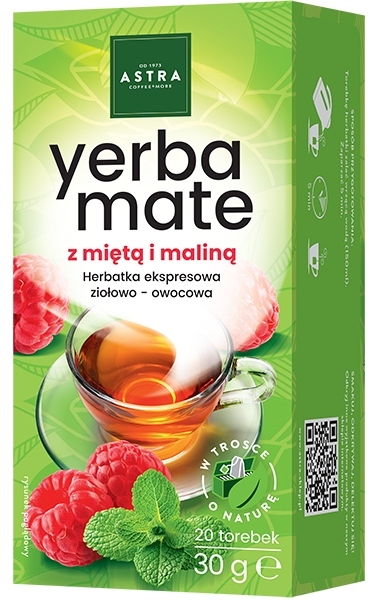 Herbata Yerba Mate w torebkach Astra, ziołowo-owocowa, z miętą i maliną, 20 torebek