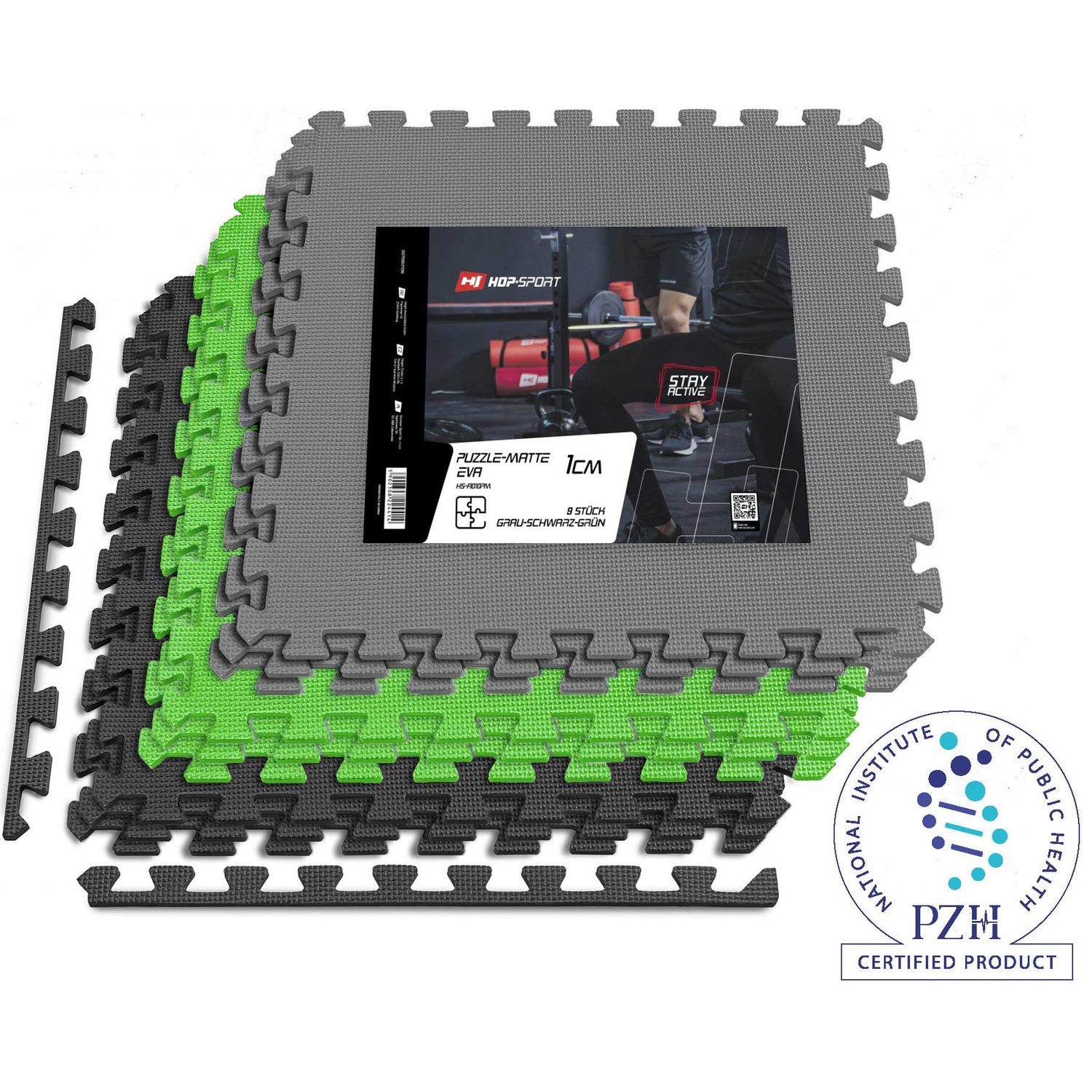 Tapis de protection fitness puzzle en mousse EVA 1 cm - 9 Pièces Noir/Gris/Vert