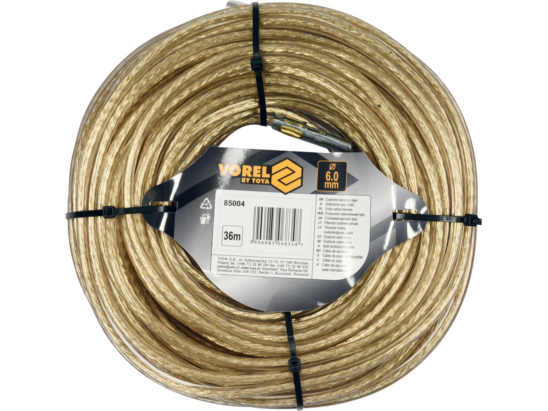 Linka celna stalowa VOREL 6mm 36m zakuta z osłoną pvc do plandeki 85004