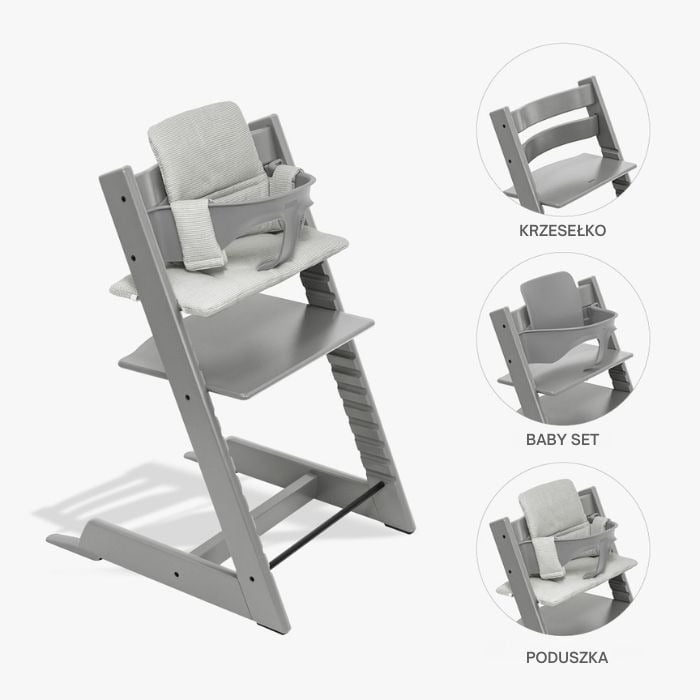 Stokke Tripp Trapp Bundle - krzesełko do karmienia + zestaw Baby Set V2 + poduszka Classic-Storm Grey, Nordic Grey