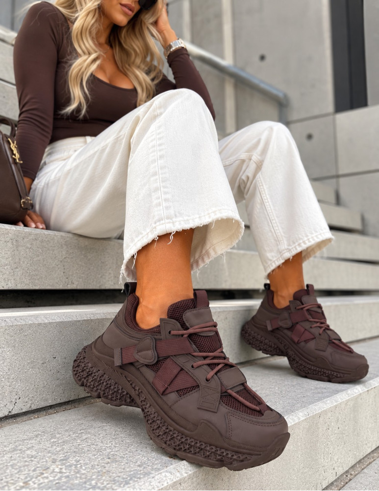 Czekoladowe Sneakersy Buty Sportowe Na Platformie Street