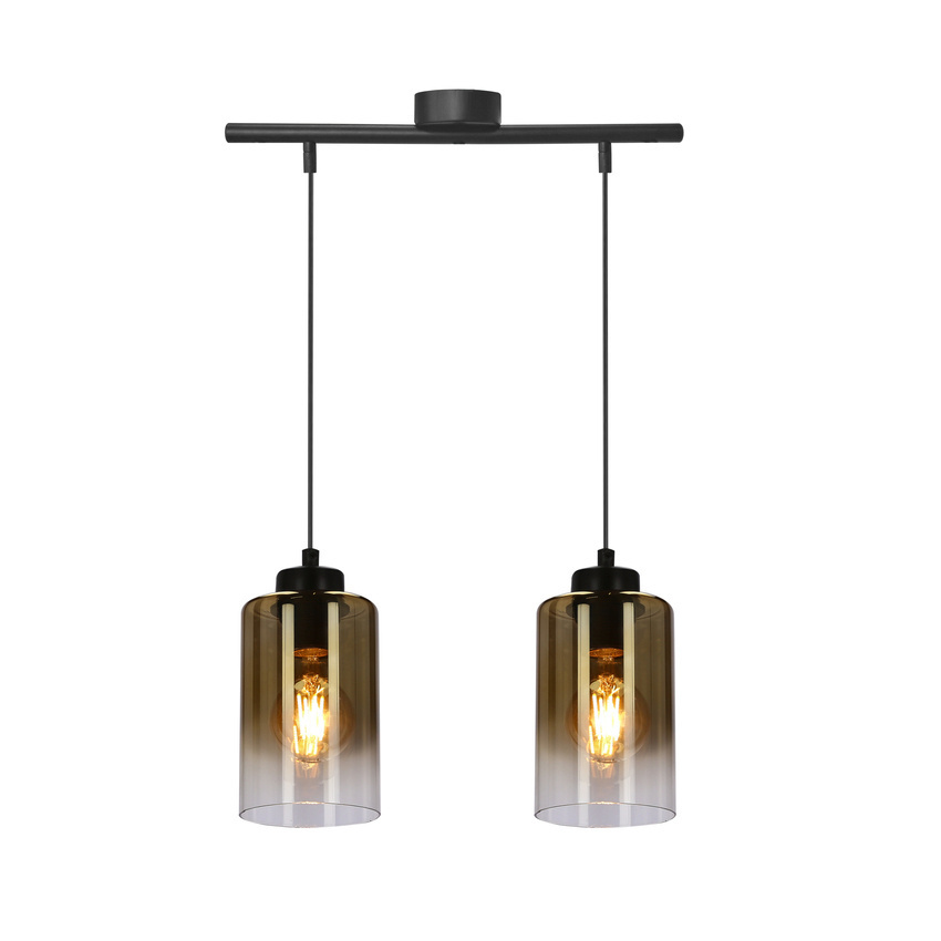 Czarna lampa wisząca 2-płomieniowa do salonu ASPRA klosz bursztynowy