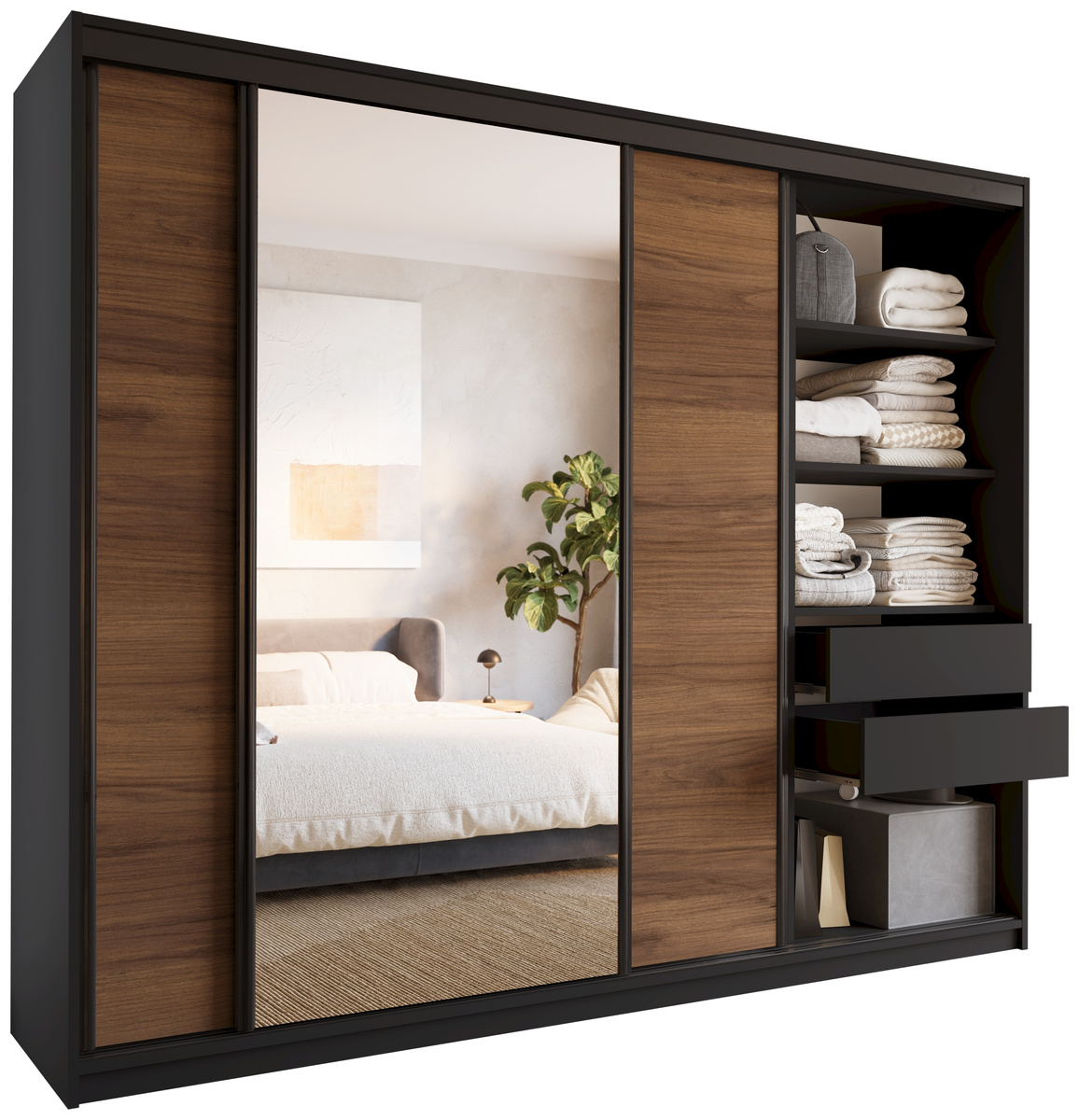 Szafa przesuwna z lustrem 250 cm do sypialni LOFT orzech