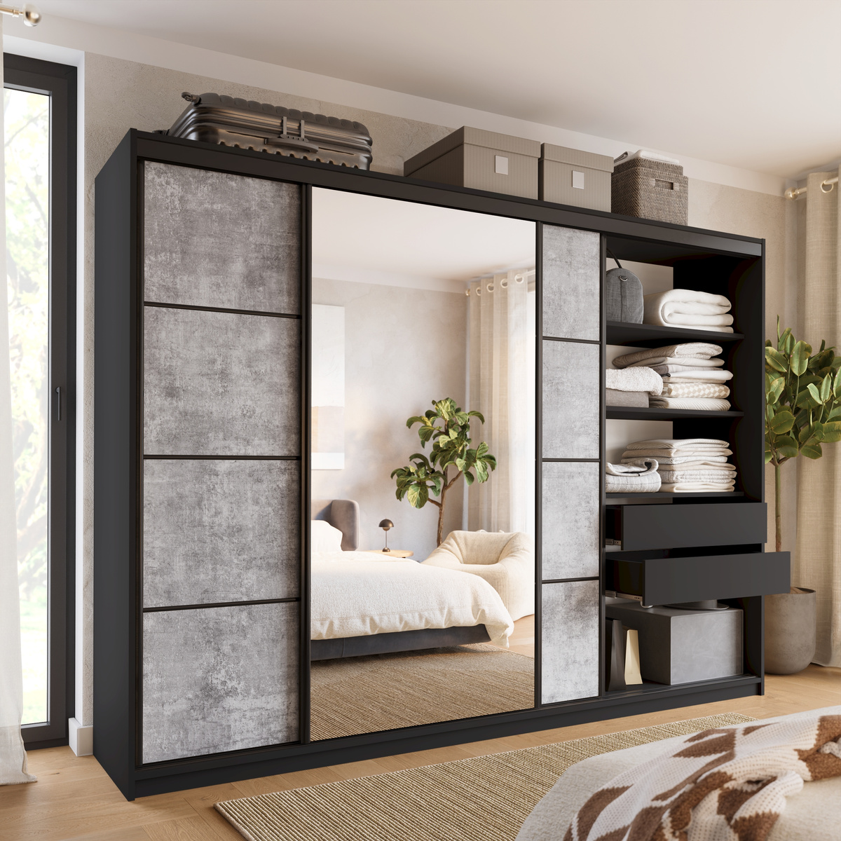 Szafa garderoba 280 cm LOFT z lustrem beton