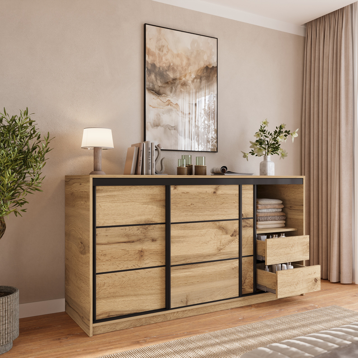 Komoda do sypialni 180 cm z drążkiem i szufladami LOFT