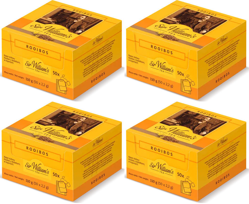 4x Herbata Rooibos w torebkach Sir William's Tea, 50 sztuk x 2.2g