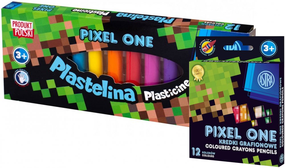 Zestaw: Kredki grafionowe okrągłe Astrakids Pixel One, 12 sztuk, mix kolorów + Plastelina Astra Astrakids Pixel One, 12 kolorów