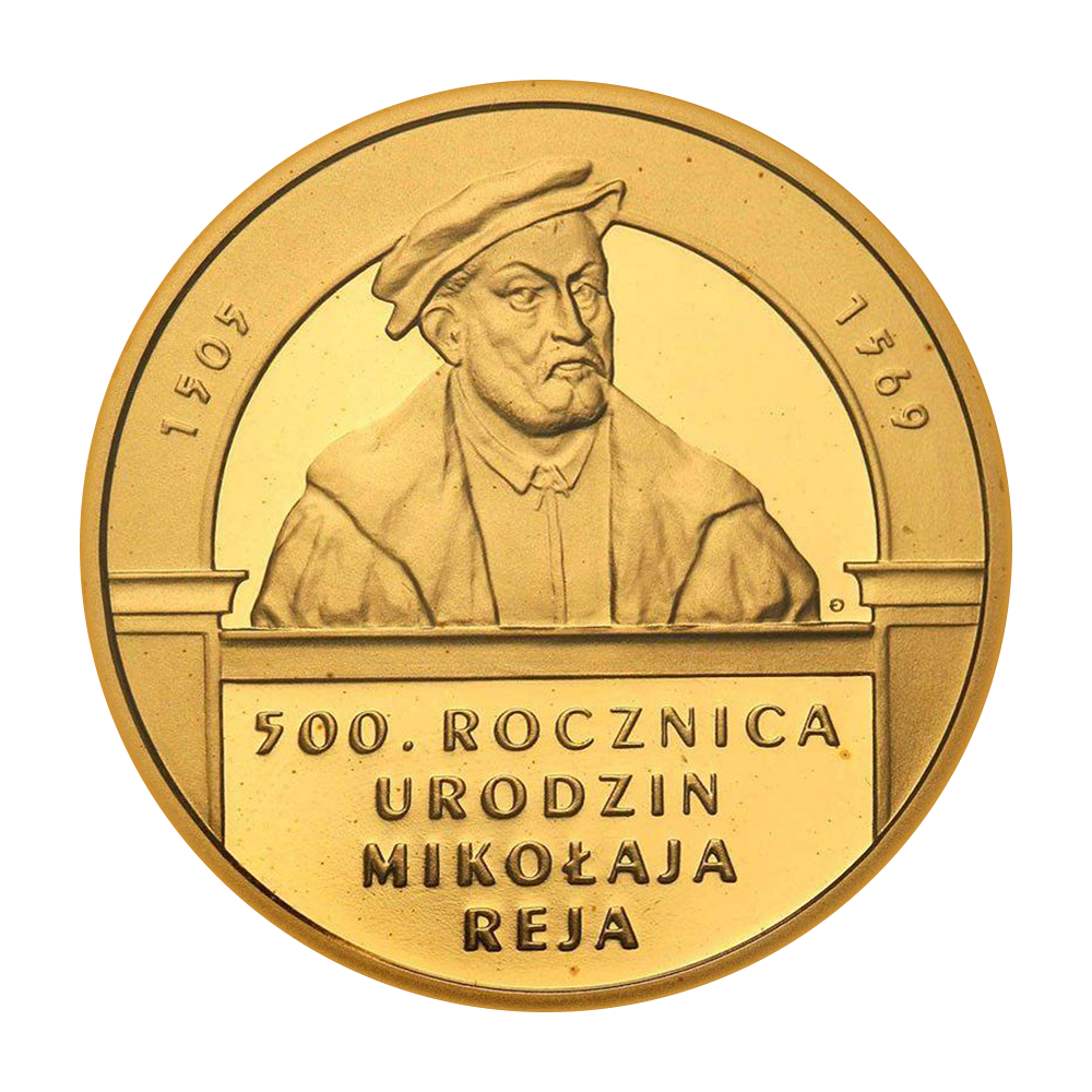 Złota moneta 200 zł 500. rocznica urodzin Mikołaja Reja (1505-1569) 2005 - wysyłka 24 h! - Mennica Skarbowa
