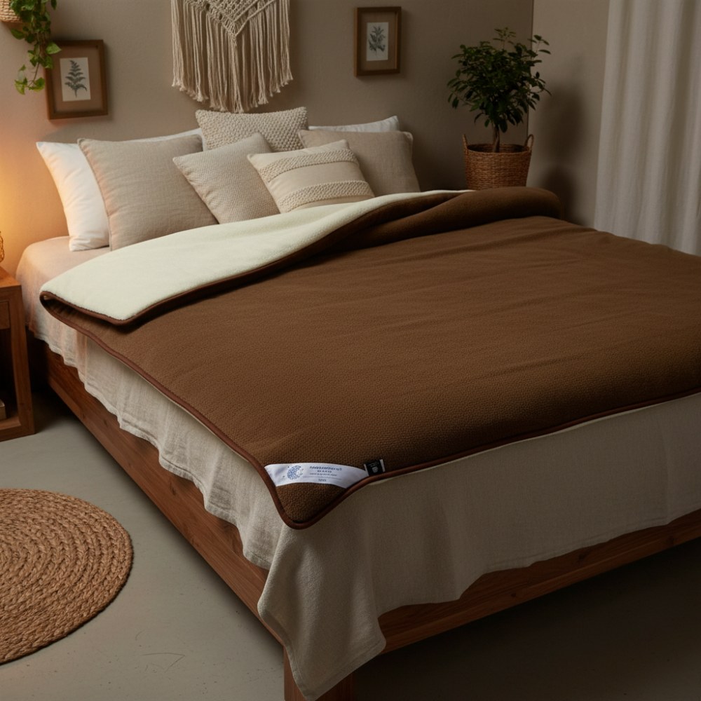 kołdra wełniana camel ciemny i kaszmir gładki Woolmark 140x200