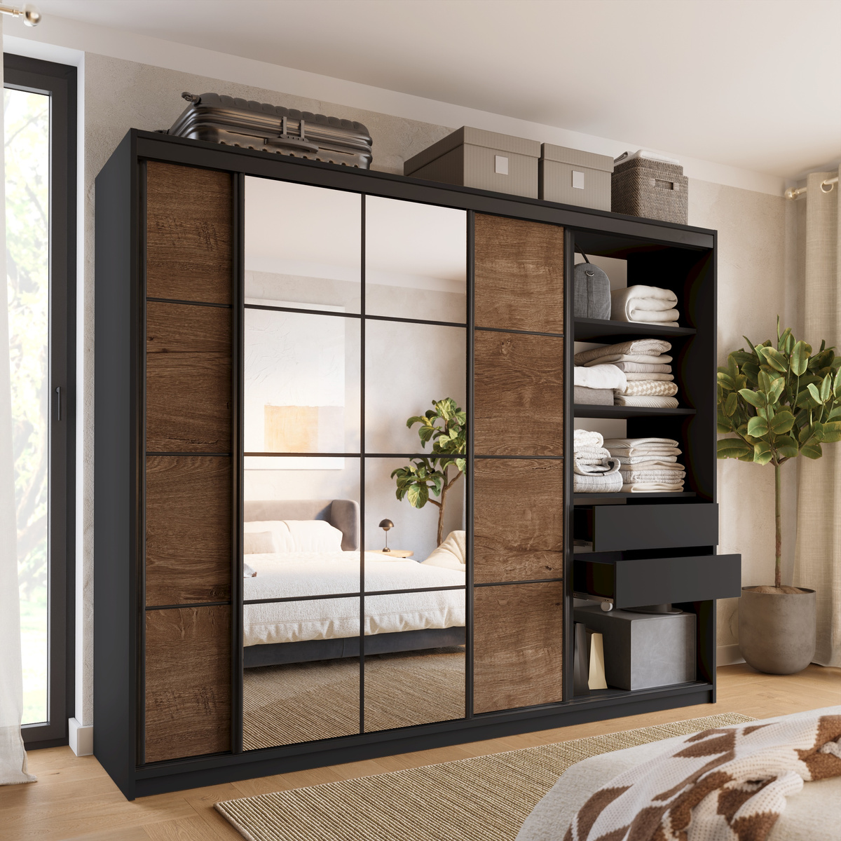 Szafa przesuwna 250 cm do sypialni z lustrem i drążkami EDGE